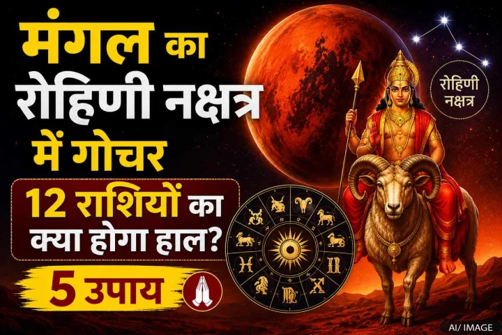 The image depicts the planet Mars, the deity Mangal, the zodiac, and the Rohini Nakshatra.