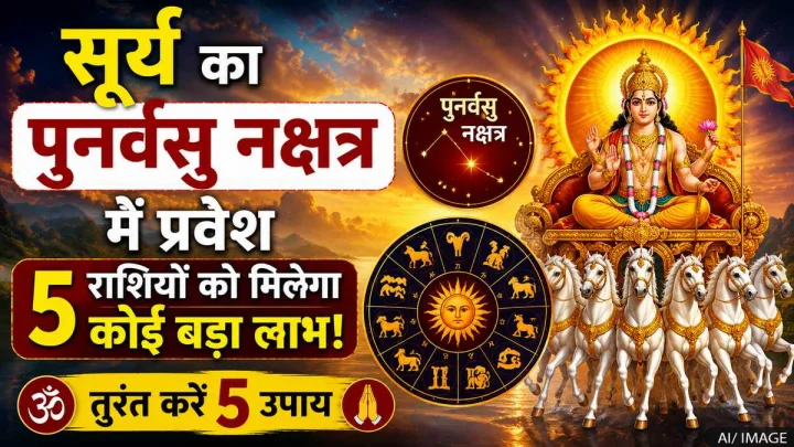 The image depicts the Sun (as a planet), the Sun God (Surya Dev), the Zodiac, and the Punarvasu Nakshatra.