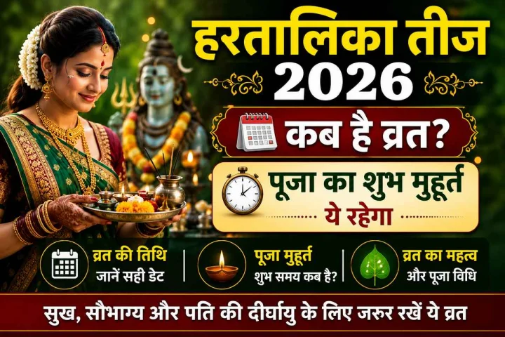 The image shows a woman holding a *puja* thali (ritual offering plate), with Lord Shiva in the background.