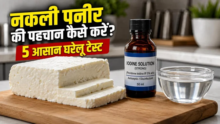 Paneer, a bottle of iodine, and a glass bowl in the picture.