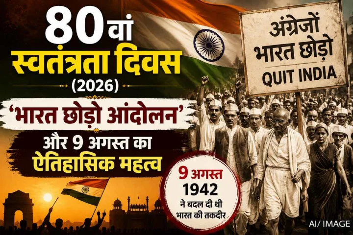 History of Quit India Movement : Mahatma Gandhi, the Red Fort, and the Tricolour flag in the picture.