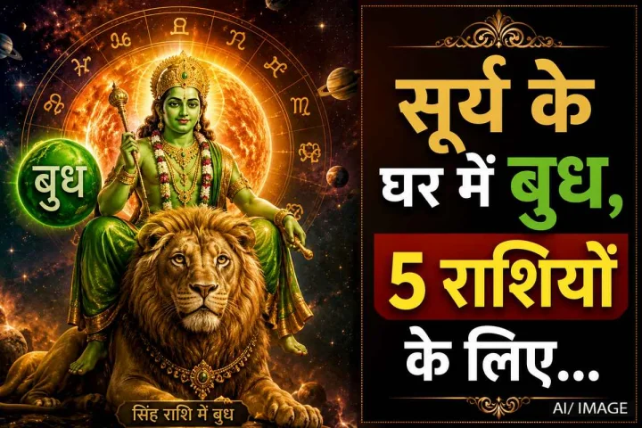 The image depicts Lord Budha (Mercury), the planet Mercury, a lion, and the zodiac wheel in the background.