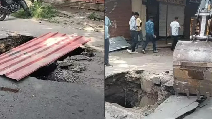इंदौर में सड़क धंसी, 10 फीट गहरा गड्‌ढा हुआ, एक महीने में चौथी घटना, इंदौरियों ने ऐसे विकास पर पीटा माथा