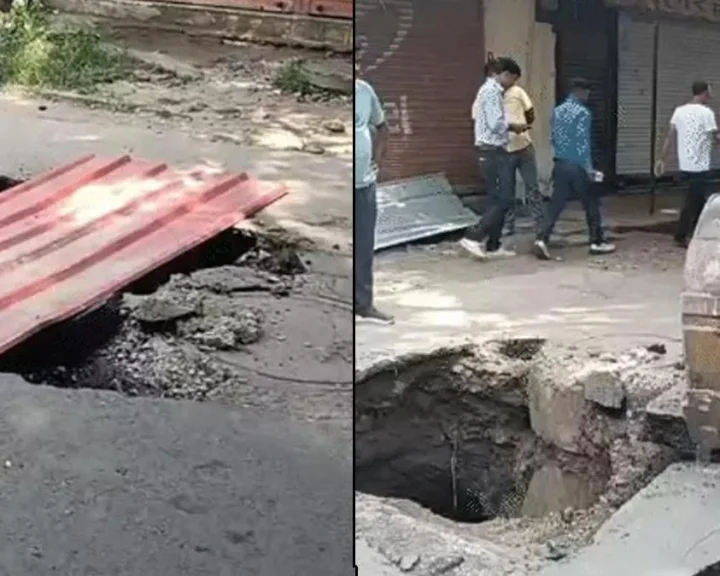 इंदौर में सड़क धंसी, 10 फीट गहरा गड्‌ढा हुआ, एक महीने में चौथी घटना, इंदौरियों ने ऐसे विकास पर पीटा माथा