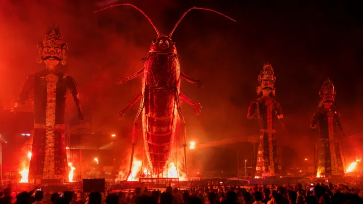 Delhi Ramlila cockroach effigy Ravan, CJP Cockroach Janata Party Delhi protest, Abhijeet Dipke,