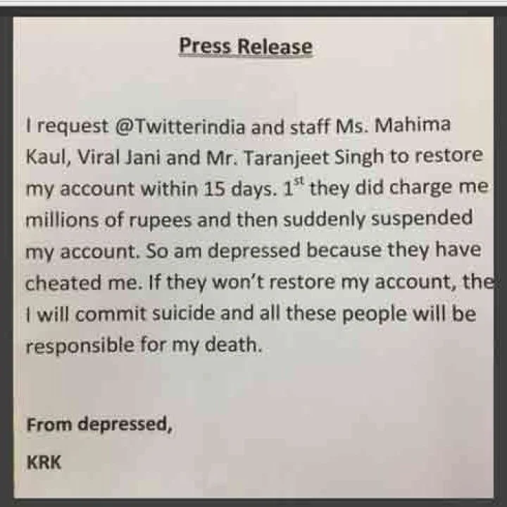 केआरकेने ट्विटर अकाऊंट