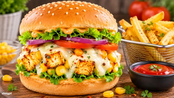 Cheese, corn and paneer burger