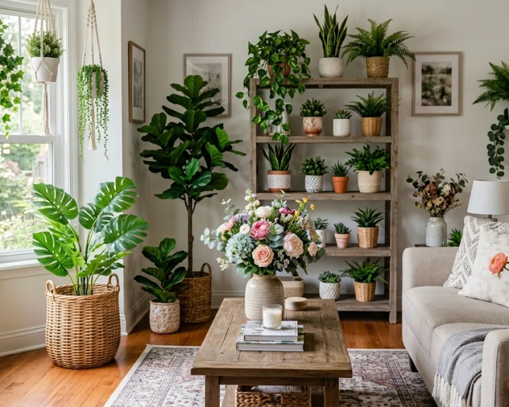 home decorated with artificial plants and flowers