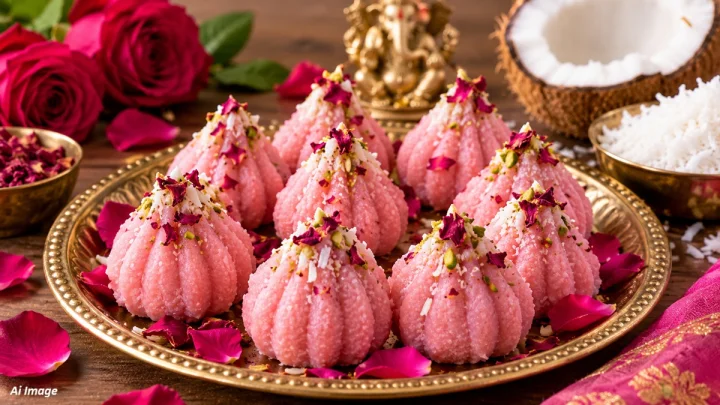 गणपती बाप्पाच्या नैवेद्यसाठी उत्तम आणि झटपट होणारा पदार्थ Rose Coconut Modak