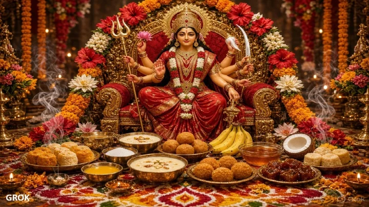 शारदीय नवरात्रीच्या नऊ दिवसांत देवीला कोणती फुले अर्पण करावीत आणि कोणते नैवेद्य दाखवावेत?