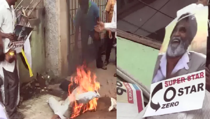 ரஜினியின் உருவபொம்மையை எரித்து ஆர்ப்பாட்டம்