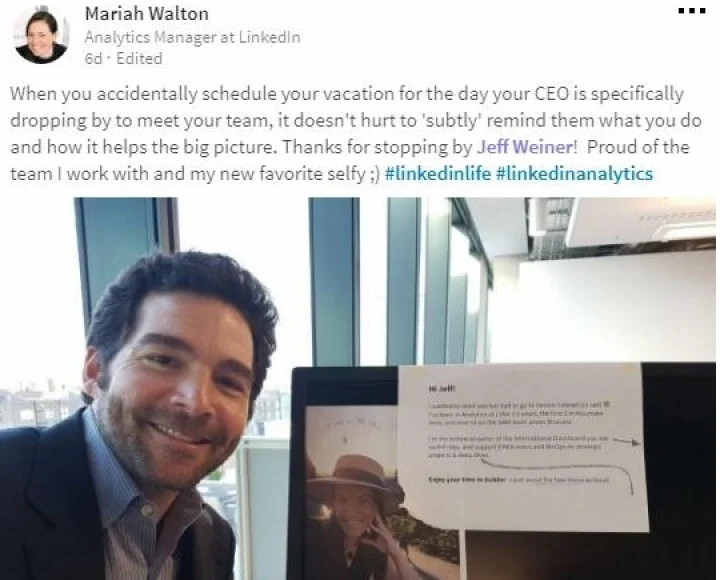 இளம்பெண் ஊழியருக்கு செல்பி மூலம் இன்ப அதிர்ச்சி கொடுத்த லிங்க்ட்-இன் சி.இ.ஓ