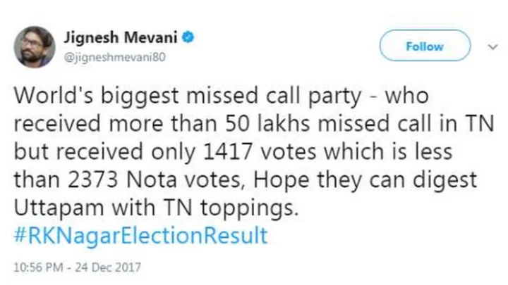 ஆர்.கே.நகர் தேர்தலில் பாஜக வை மிஞ்சிய நோட்டா; ஜிக்னேஷ் கிண்டல்