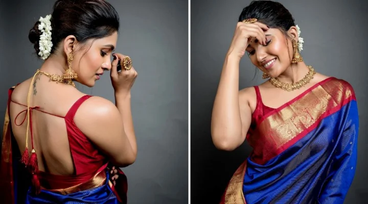 பேக்லெஸ் ப்ளவுஸ்...சேலையில் இப்படி ஒரு கவர்ச்சியா - டாப் நடிகைகளுக்கே டஃப்  கொடுக்கும் வாணி போஜன்!