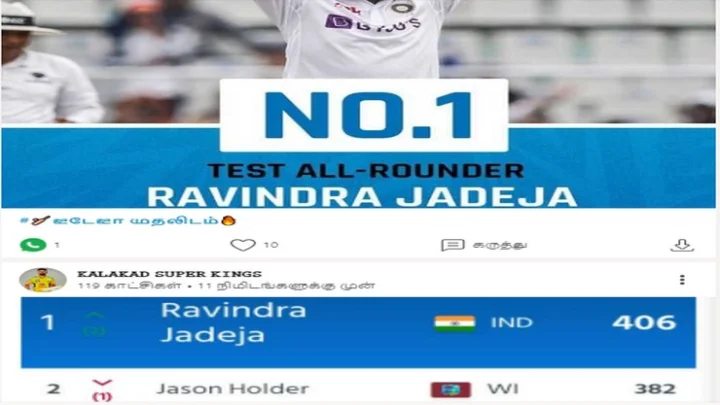 இந்திய வீரர் ரவீந்திர  ஜடேஜா முதலிடம் !