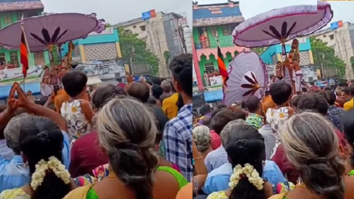 காஞ்சிபுரம் வரதராஜ பெருமாள் கருட சேவை:  தவறி கீழே விழுந்த குடையால் பரபரப்பு..!