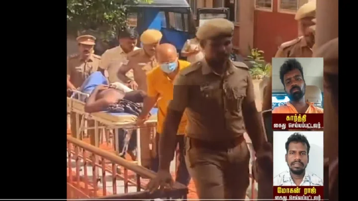 சூலூர் சிறுமி கொலை செய்யப்பட்ட வழக்கு.. கைதான இருவரும்  கை, கால்களில் மாவுக்கட்டு,  நடக்க முடியாததால் ஸ்ட்ரெச்சரில் அழைத்து வந்த போலீசார்