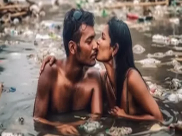 చెత్త- ప్లాస్టిక్ వ్యర్థాలతో నిండిన నీటిలో ప్రీ-వెడ్డింగ్ ఫోటోషూట్