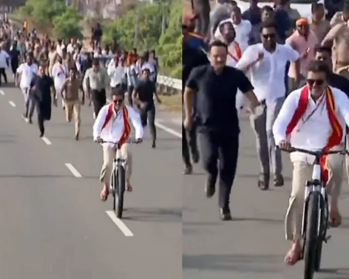 Vijay cycle yatra, అభిమాని పూలచెండు వేస్తే బాంబు వేశాడేమోనని సైకిలి వదిలేసి విజయ్ పరుగో పరుగు, వీడియో