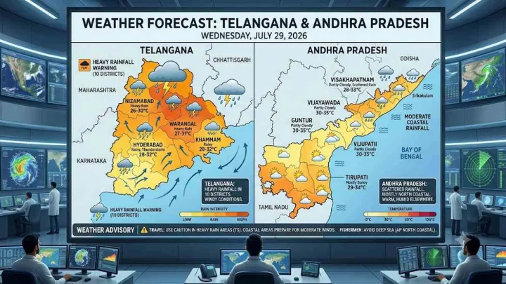 జూలై 29, 2026న తెలుగు రాష్ట్రాల వాతావరణం... తెలంగాణలో చల్లచల్లగా.. ఏపీలో ఉక్కపోత