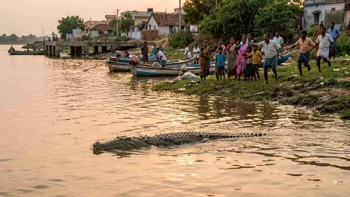 కృష్ణానదీ ఇసుక తిన్నెపై మొసలి.. మత్స్యకారులు, ప్రజలకు అలెర్ట్