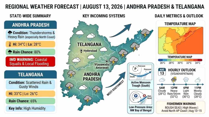 ఆగష్టు 13, 2026 నాటి తెలుగు రాష్ట్రాల వాతావరణ సూచన ఎలా వుందంటే..?