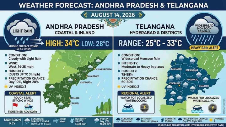 ఆగష్టు 14, 2026 నాటి తెలుగు రాష్ట్రాల వాతావరణ సూచన ఎలా వుందంటే..?
