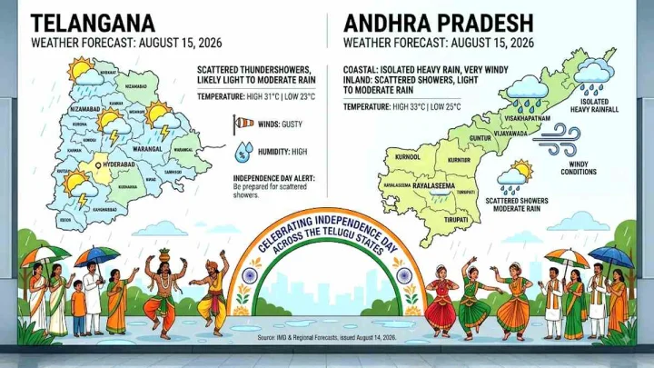15 ఆగస్టు 2026 నాటి తెలుగు రాష్ట్రాల వాతావరణ అంచనా వివరాలు