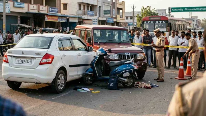 రెండు కార్ల మధ్య ఇరుక్కున్న స్కూటీ.. ఇద్దరు మైనర్లలో ఒకరు మృతి