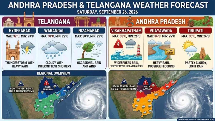 తెలుగు రాష్ట్రాల (తెలంగాణ - ఆంధ్రప్రదేశ్) వ్యాప్తంగా సెప్టెంబర్ 26, 2026 నాటి వాతావరణ సూచన..