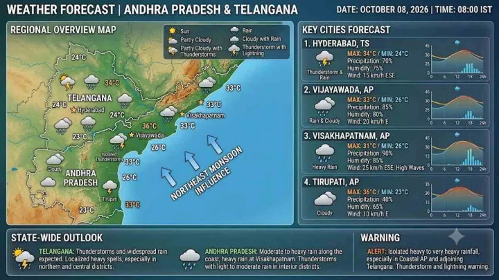 అక్టోబర్ 08, 2026 గురువారం నాటి తెలుగు రాష్ట్రాల వాతావరణం ఎలా వుందంటే? అక్టోబర్ 08, 2026 గురువారం నాటి తెలుగు రాష్ట్రాల వాతావరణం ఎలా వుందంటే?
