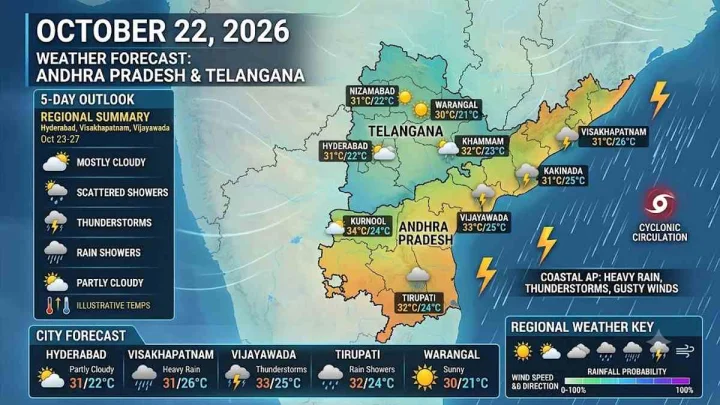 అక్టోబర్ 22, 2026 నాడు ఆంధ్రప్రదేశ్, తెలంగాణ వాతావరణం ఎలా వుందంటే?