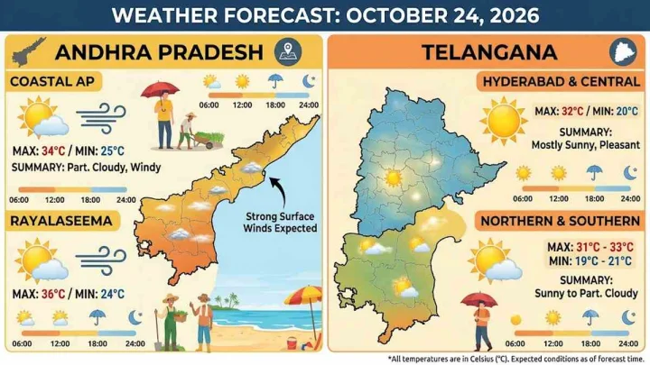 అక్టోబర్ 24, 2026 నాటి తెలంగాణ- ఆంధ్రప్రదేశ్ రాష్ట్రాల వాతావరణం ఎలా వుందంటే?